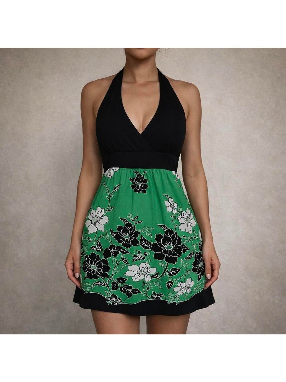 Vintage Y2K Euro Body Central Green & Black Floral Halter Mini Dress Size Small